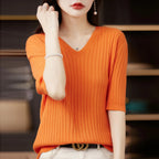 Damen Pullover Frühling Sommer Kurzarm V-Ausschnitt Strickshirt Lässige koreanische Pullover Gestreiftes Unterziehshirt Slim Fit Pullover