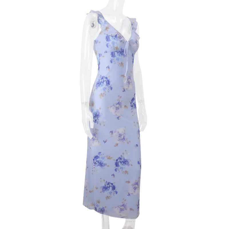 Kryptografischer Sommer Blumenmuster Plunge Maxikleid Outfits Sexy rückenfreie Feen Sonnenkleider Urlaub Strandmode Vestido Coquette