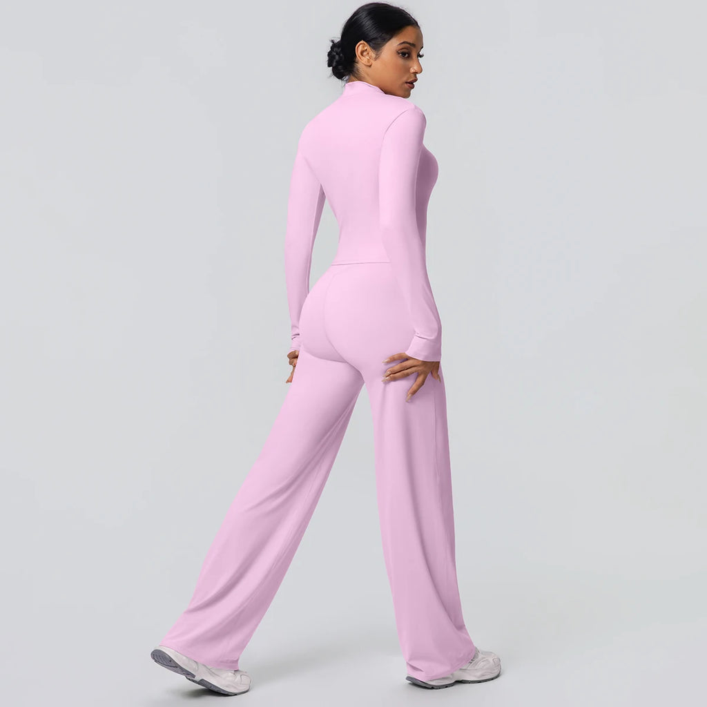 2-teiliges schnelltrocknendes Sport-Fitness-Bekleidung Yoga-Set Damen Yoga Reißverschluss Langarm High Waisted atmungsaktive weite Hose Set
