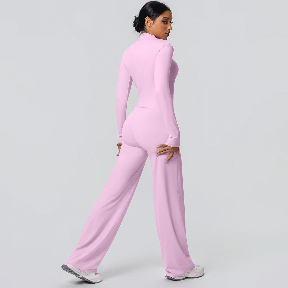 2-teiliges schnelltrocknendes Sport-Fitness-Bekleidung Yoga-Set Damen Yoga Reißverschluss Langarm High Waisted atmungsaktive weite Hose Set