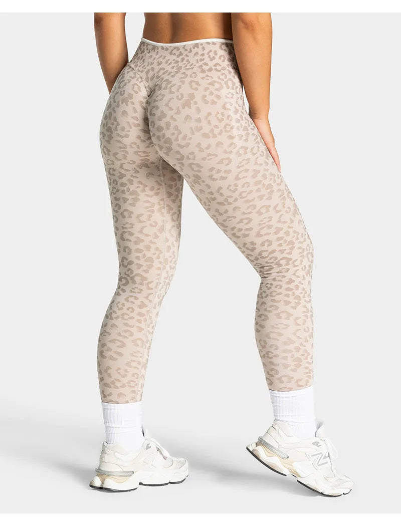 Teveo Eng anliegende, nahtlose Yoga-Leggings mit Leopardenmuster, hautfarbener hoher Elastizität, geeignet als Fitness-Laufhose