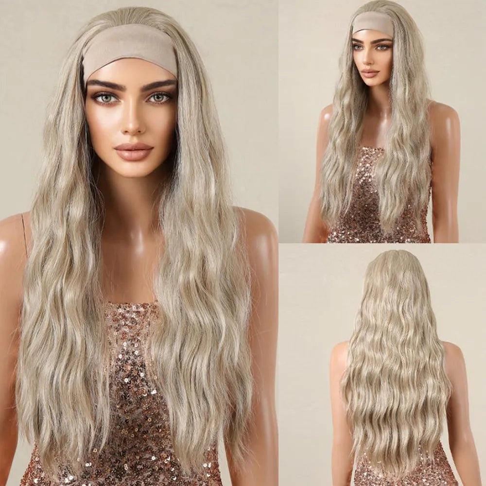 ALAN EATON Lange blonde synthetische Stirnbandperücke Ombre Blond glattes Haar Perücken natürlich aussehend Hitzebeständige Faser für den täglichen Gebrauch