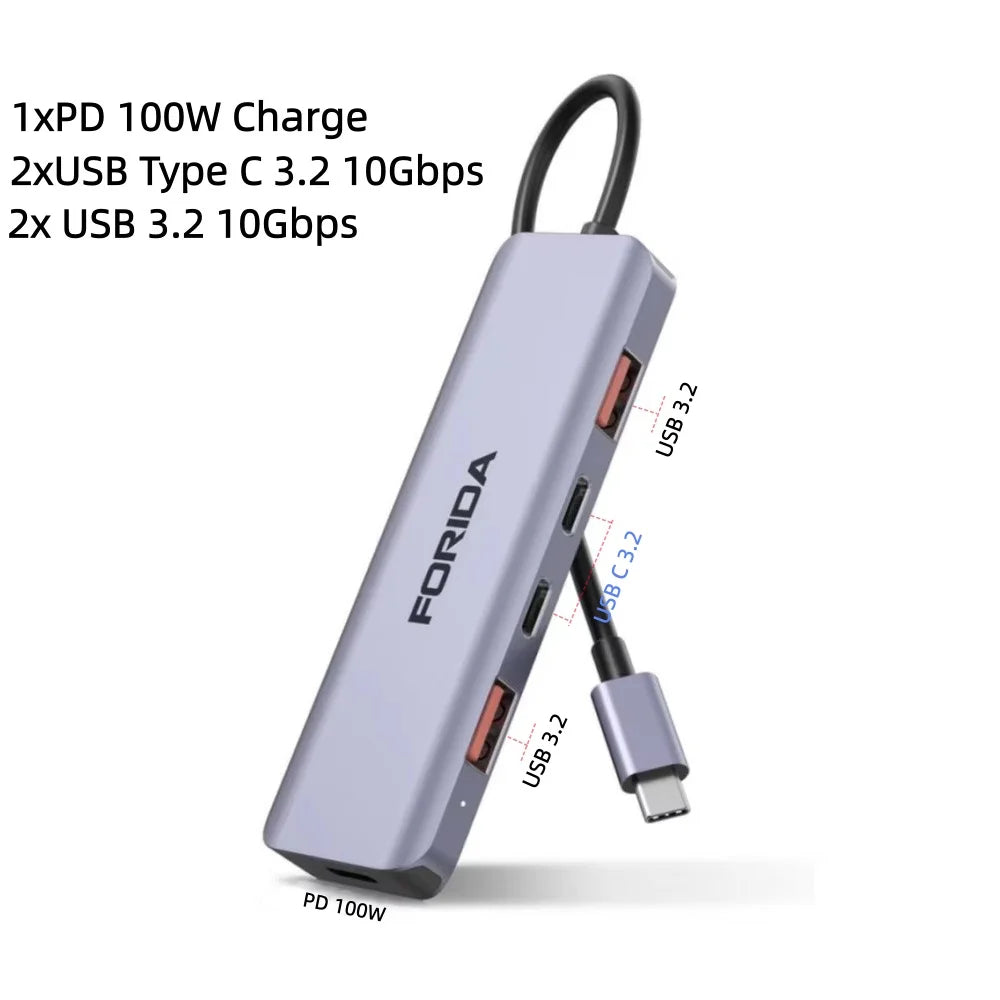 FORIDA USB-Hub Typ C 10 Gbit/s USB-C-Splitter PD 100 W Stromladung USB 3.2 Gen2 Adapter für Laptop MacBook Desktop Tablet