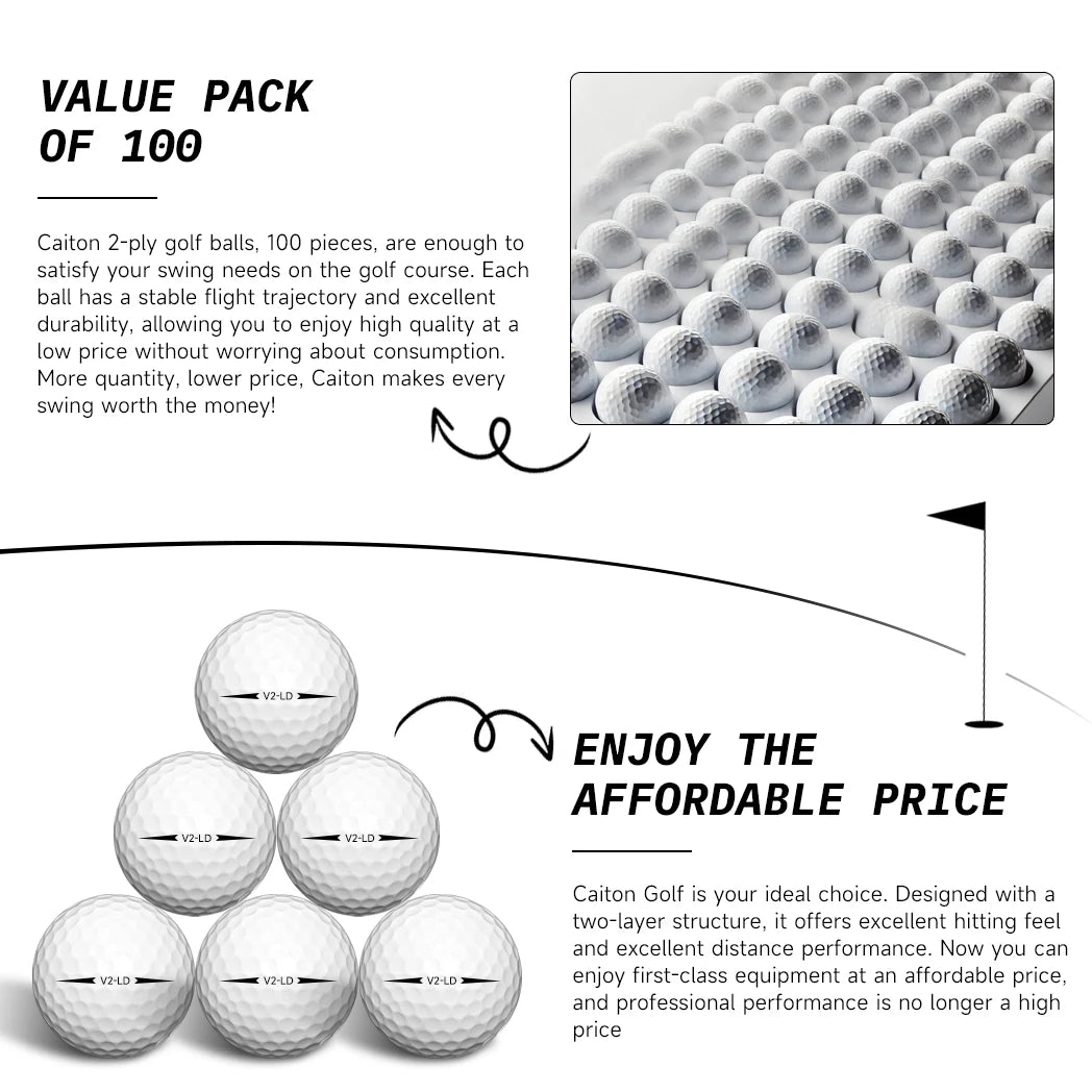 Caiton 100er-Pack 2-Schicht-Golfbälle – 332 Dimple, maximale Weite, Spin-Kontrolle, strapazierfähig, Präzision – für Golftraining & Spiel