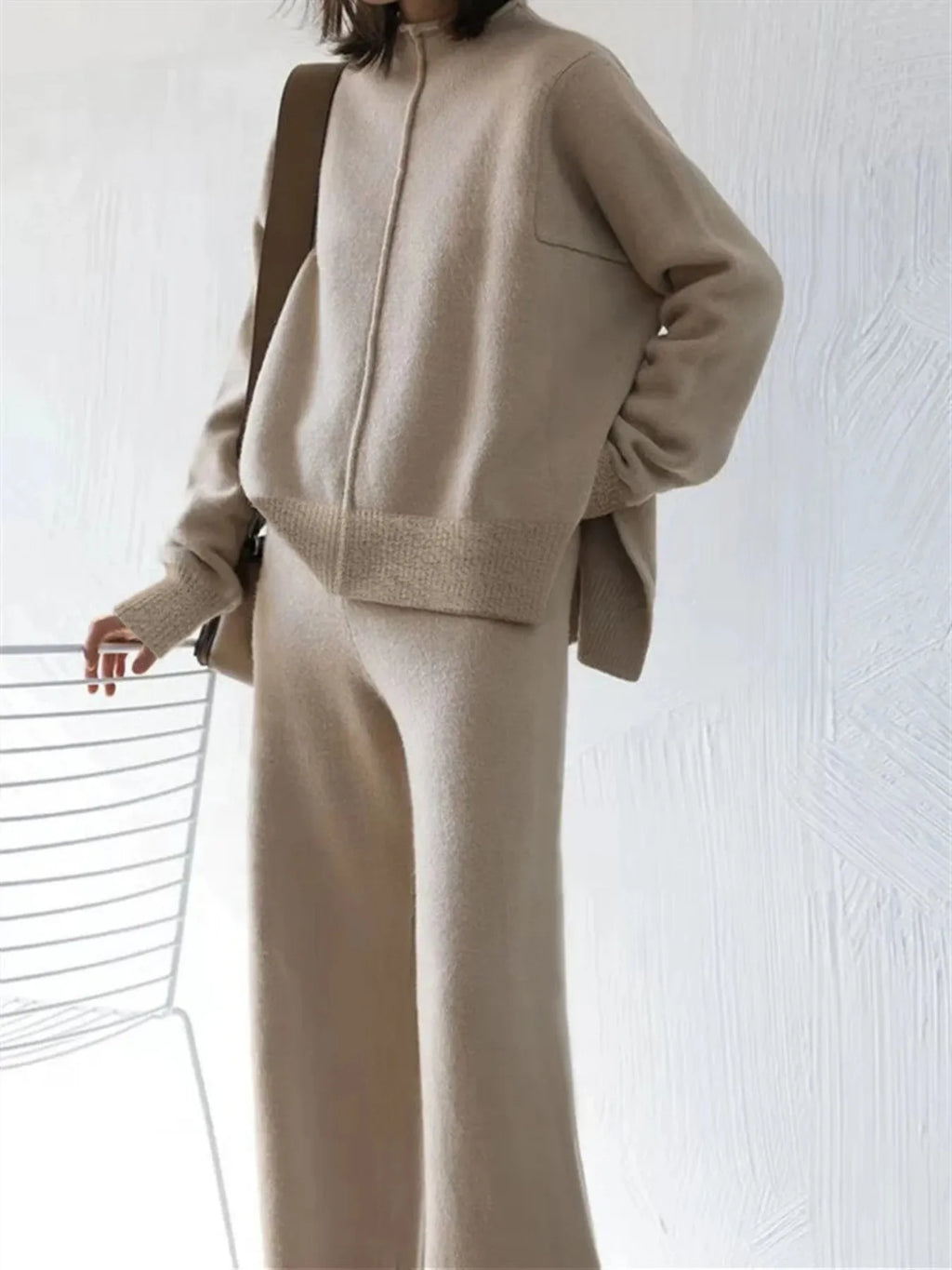 Damen beiges Oversize-Strick-Zweiteiler-Set mit Half-Zip Pullover und weiter Hose, lässige Loungewear