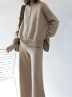 Damen beiges Oversize-Strick-Zweiteiler-Set mit Half-Zip Pullover und weiter Hose, lässige Loungewear