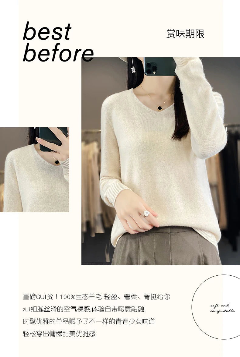 Damen 100% Merinowolle Pullover V-Ausschnitt Basic Pulli Herbst Winter Kaschmir Kleidung Langarm Weiche Strickware Oberteile Unifarben