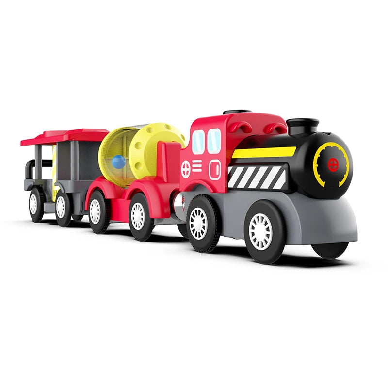 Kid Magnetische Elektrische Zug Lokomotive Holzschienen Slot Diecast Eisenbahn mit Zwei Waggons Zug Holzspielzeug Biro Leduo Gleis