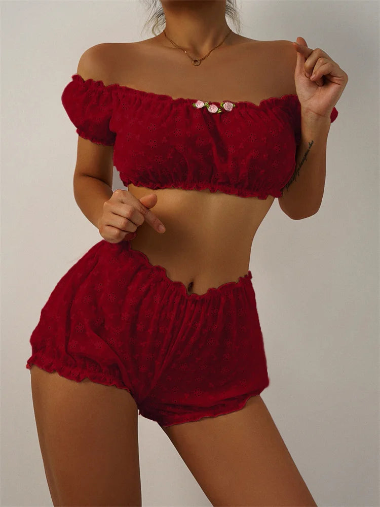 Sexy Dessous Rüschen Blumenstickerei Damenunterwäsche Schulterfreies Sexy BH-Set Bequemes Baumwoll-Intimwäsche-Set