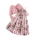Kid Girl Long Sleeve Bow Design Coat & Beige All Print Shirred-Bodice Sling Dress Set Cute Sweet Elegant Princess Dress For Kids