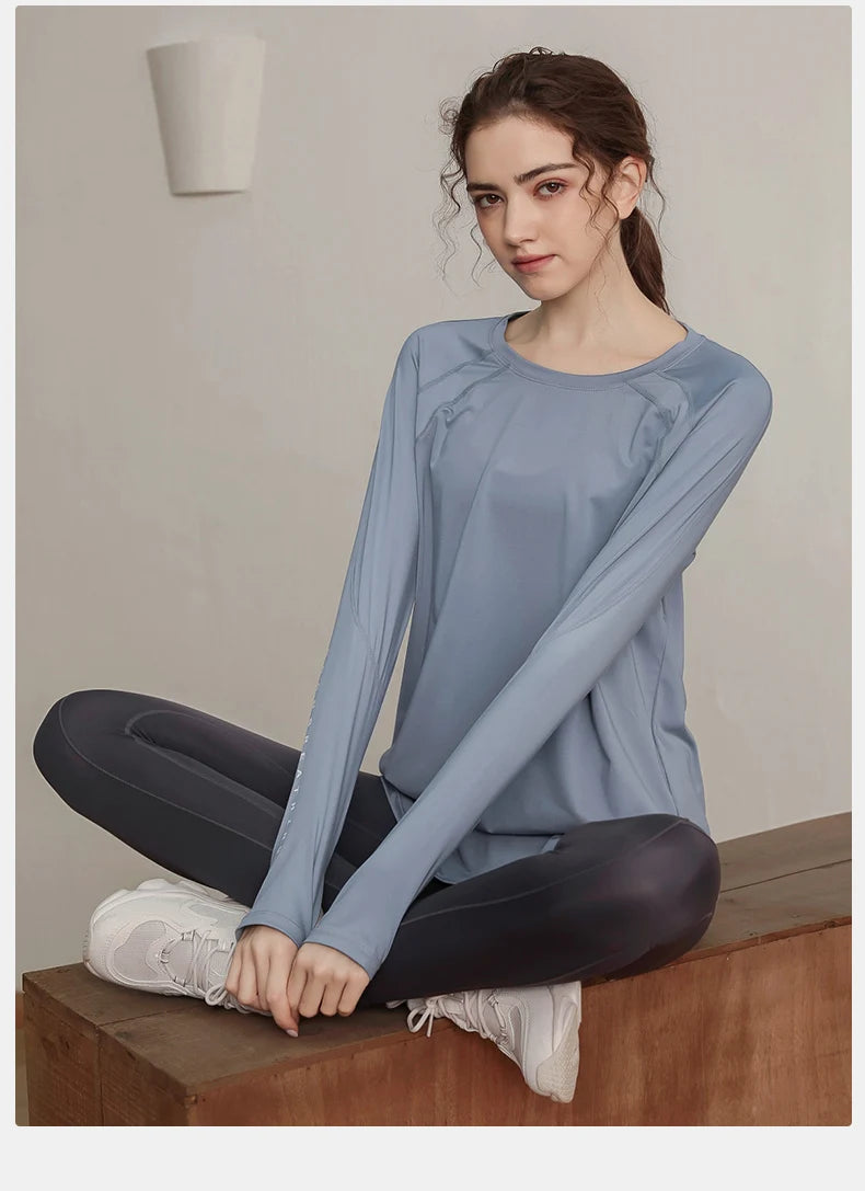 Lockere, schnell trocknende Sportoberteile, Damen-Langarmshirts, Yogabekleidung, atmungsaktive Lauf- und Fitnessbekleidung, figurformend