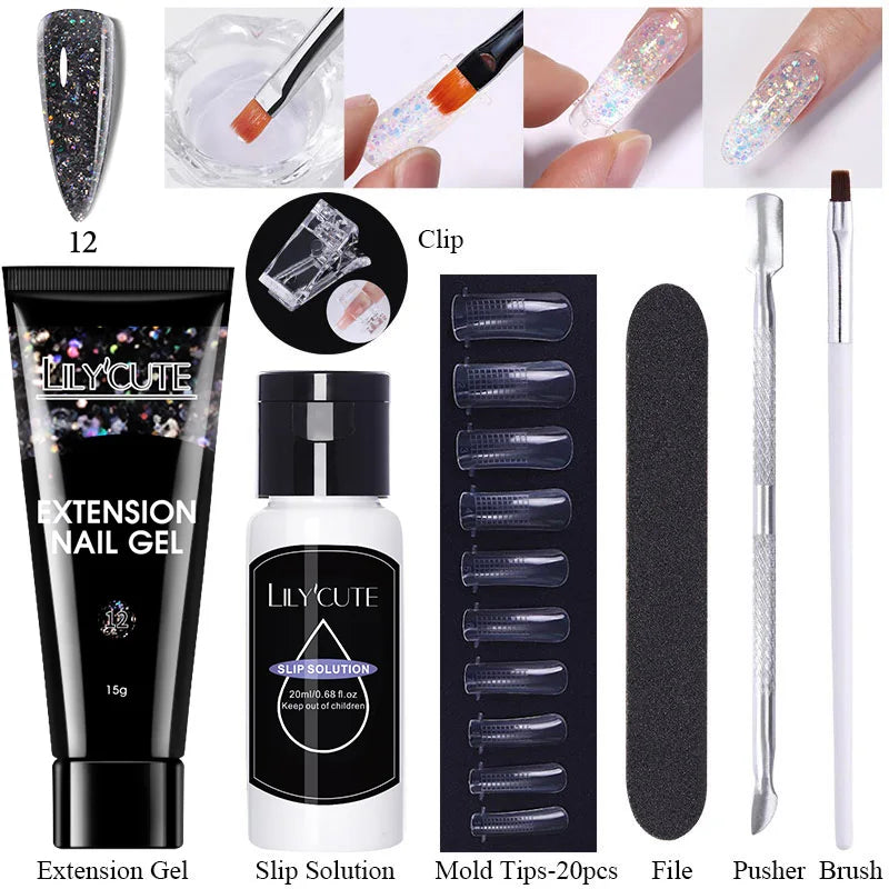 LILYCUTE 15ml Verlängerungsgel-Nagellack-Set Quick Nail Prolong mit Verlängerungsform-Nagelspitzen Acryl-Lösung Maniküre-Werkzeug-Kit