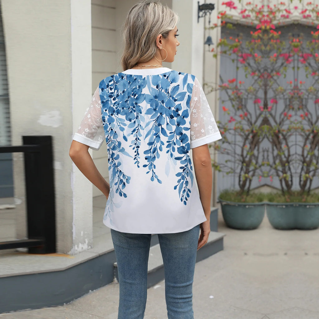 Sommerhemden Damen Spitze Patchwork Kurzarm Bluse Blumendruck Kleidung Mode Street Casual Täglich V-Ausschnitt Knopfleiste Tops 2025