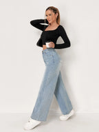 Europäische und N Trend Washed Blue Wide Leg Jeans Damen Jeans Damen Bequeme Mode All-Matching Trend Jeans