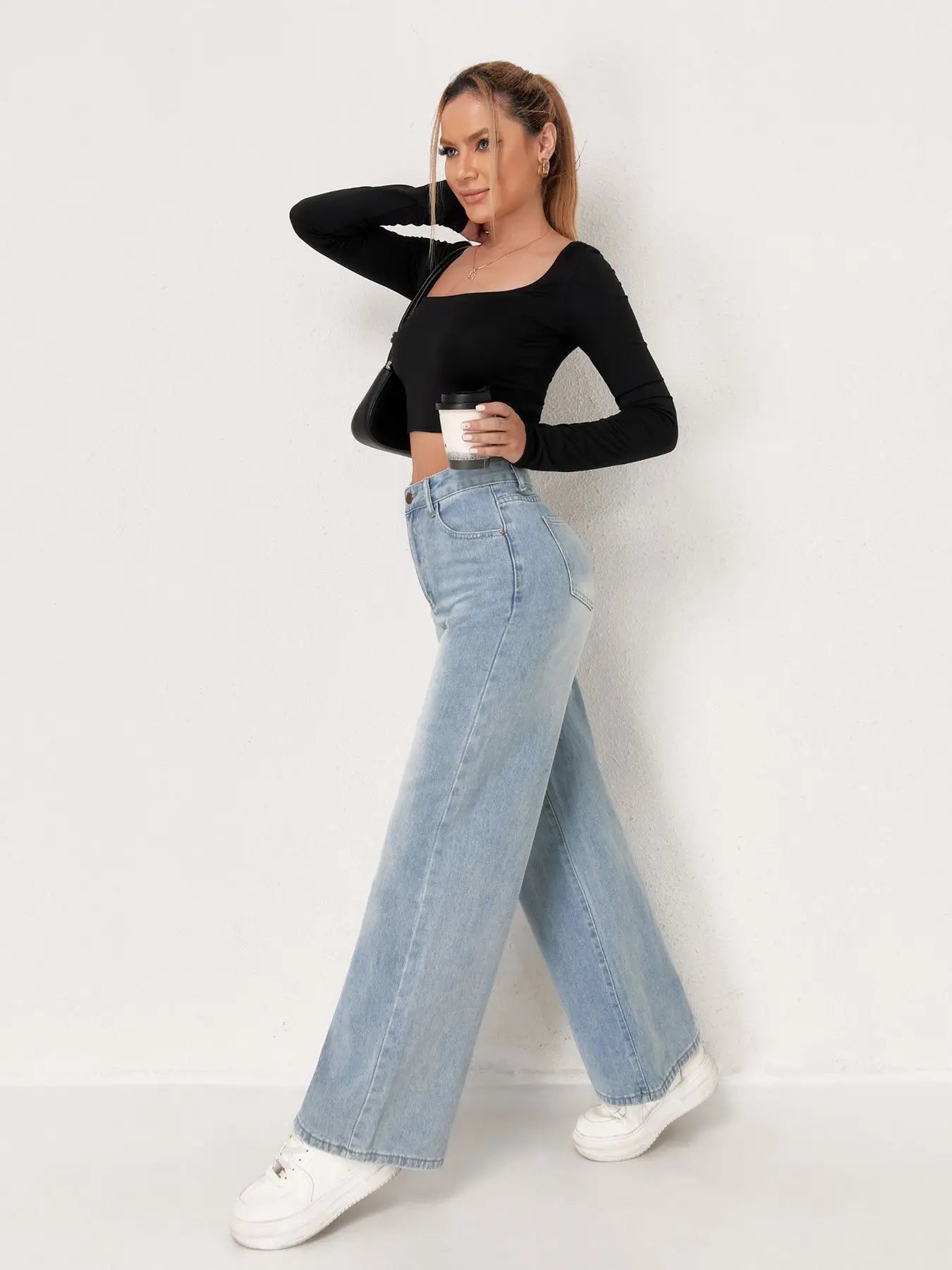 Europäische und N Trend Washed Blue Wide Leg Jeans Damen Jeans Damen Bequeme Mode All-Matching Trend Jeans