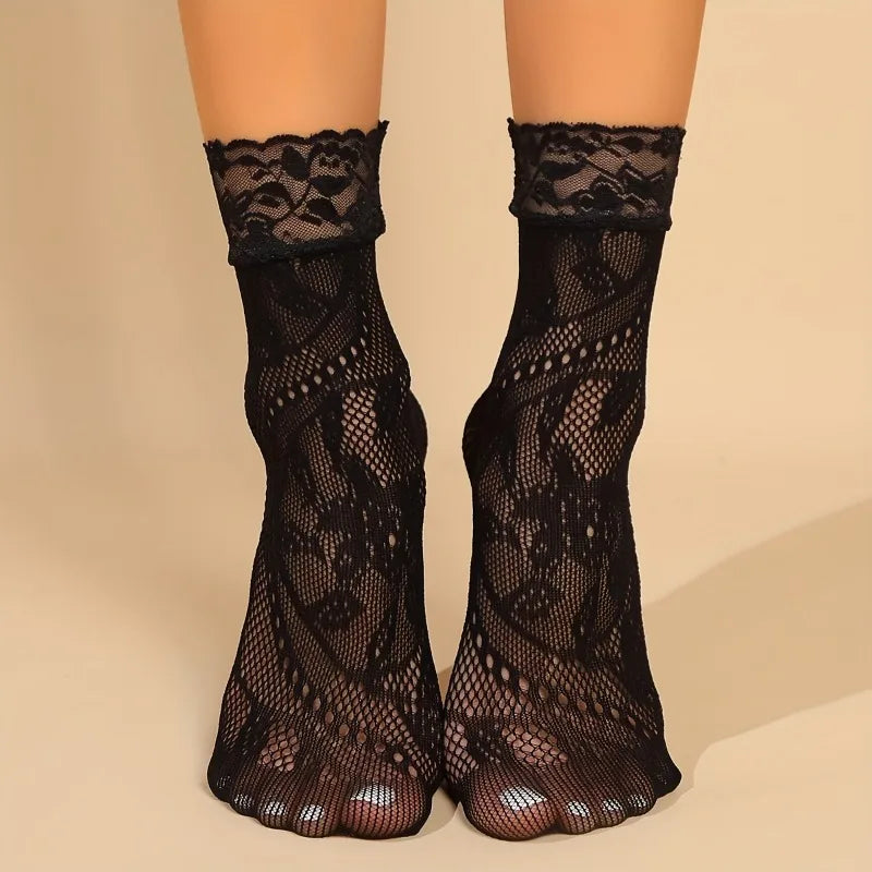 5 Paar Blumen-Spitzensocken Dünne Atmungsaktive Kurze Socken Sommer Netz Lolita Fischernetz Damenstrümpfe Strumpfwaren