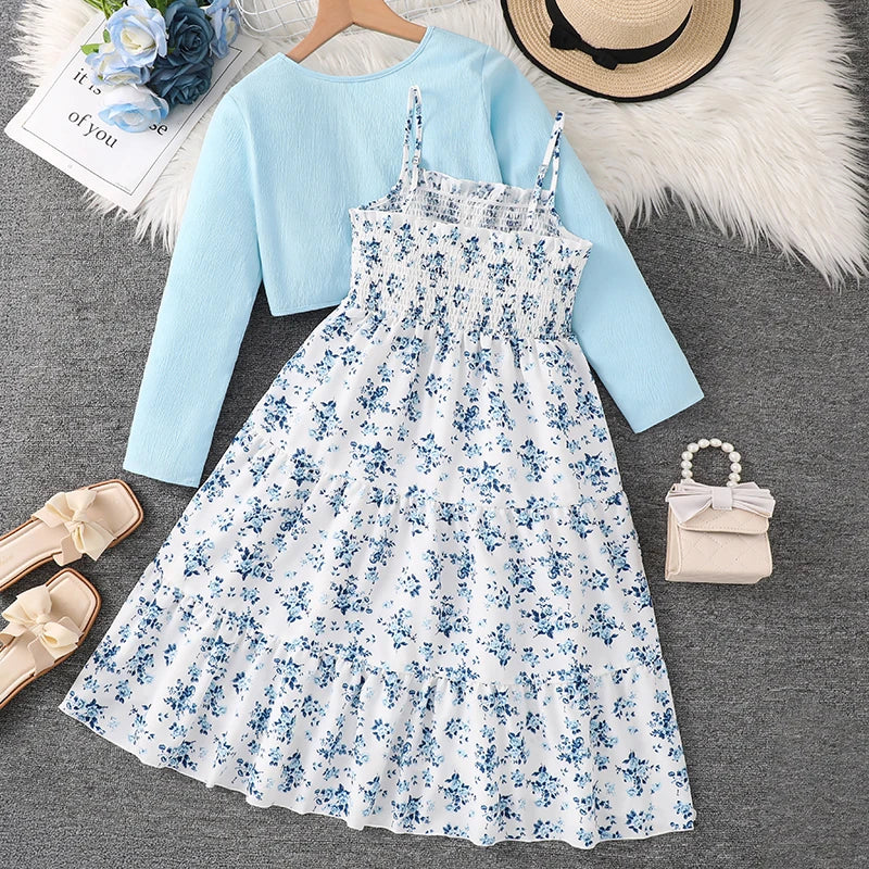 Kid Girl Long Sleeve Bow Design Coat & Beige All Print Shirred-Bodice Sling Dress Set Cute Sweet Elegant Princess Dress For Kids