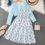 Kid Girl Long Sleeve Bow Design Coat & Beige All Print Shirred-Bodice Sling Dress Set Cute Sweet Elegant Princess Dress For Kids