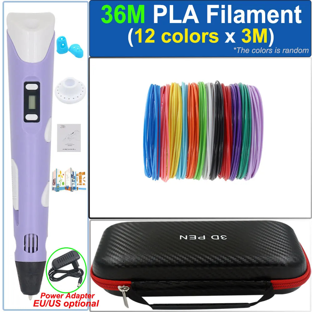 Kinder 3D-Stift 3D-Zeichnung Druckstift mit LCD-Bildschirm Netzteil 200M PLA Filament Spielzeug Kinder Weihnachten Geburtstag DIY Geschenk
