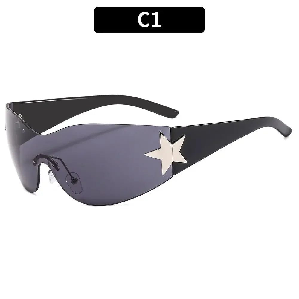 Neue Y2K Randlose Punk-Sonnenbrille Goggle Damen Herren Luxusmarke Wrap Around Sonnenbrille Fünf Sterne Eyewear Sport One Piece Shades