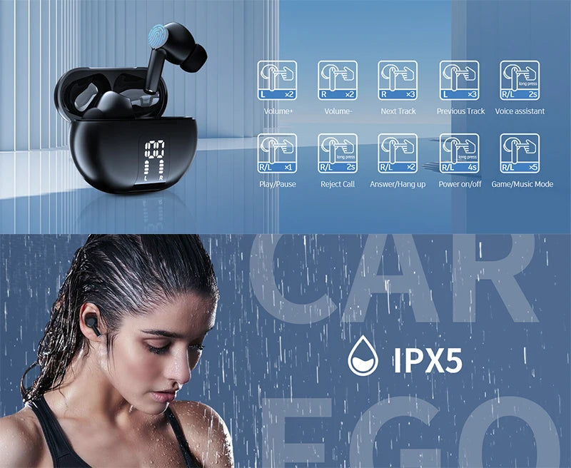 Kabellose Bluetooth 5.3 Kopfhörer 60 Std. Wiedergabezeit LED-Leistungsanzeige Ohrhörer Mikrofon Geräuschunterdrückung Stereo Sound Earphones