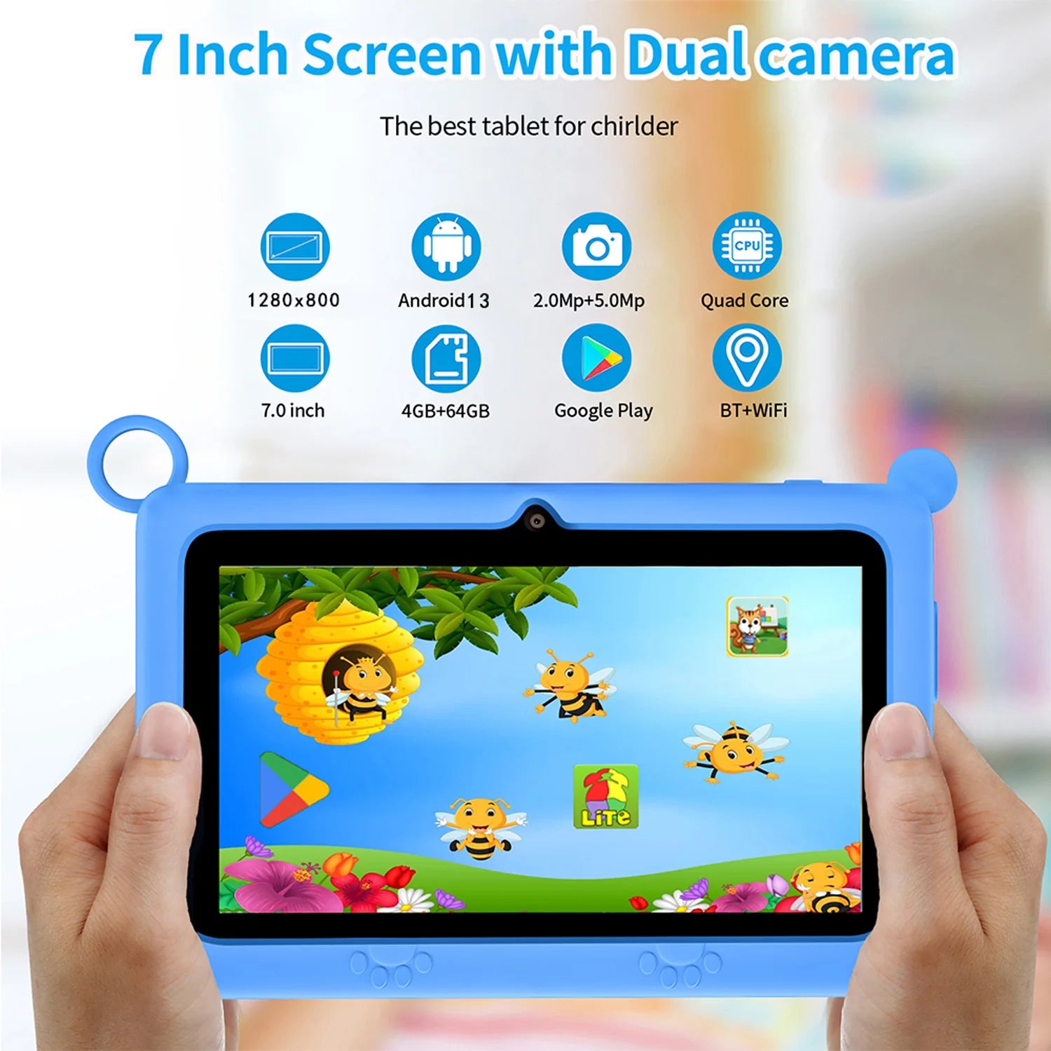 Neue globale Android Version 7 Zoll Tablets Quad Core 4GB+64GB ROM 5G WiFi Google Kids Tablets Tragbare kindersichere Schutzhülle