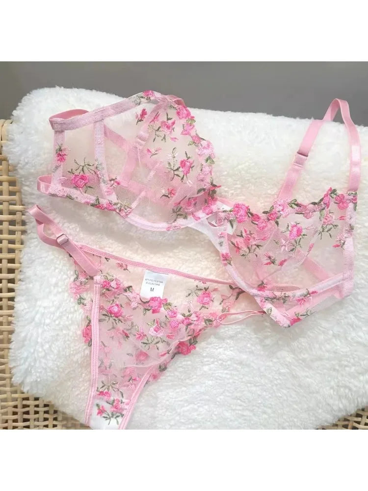 YUQI Französisches Luxus-Dessous-Set – sexy BH- und Höschen-Set mit floraler Stickerei in Schwarz, durchsichtige, transparente, verführerische Damen-Unterwäsche