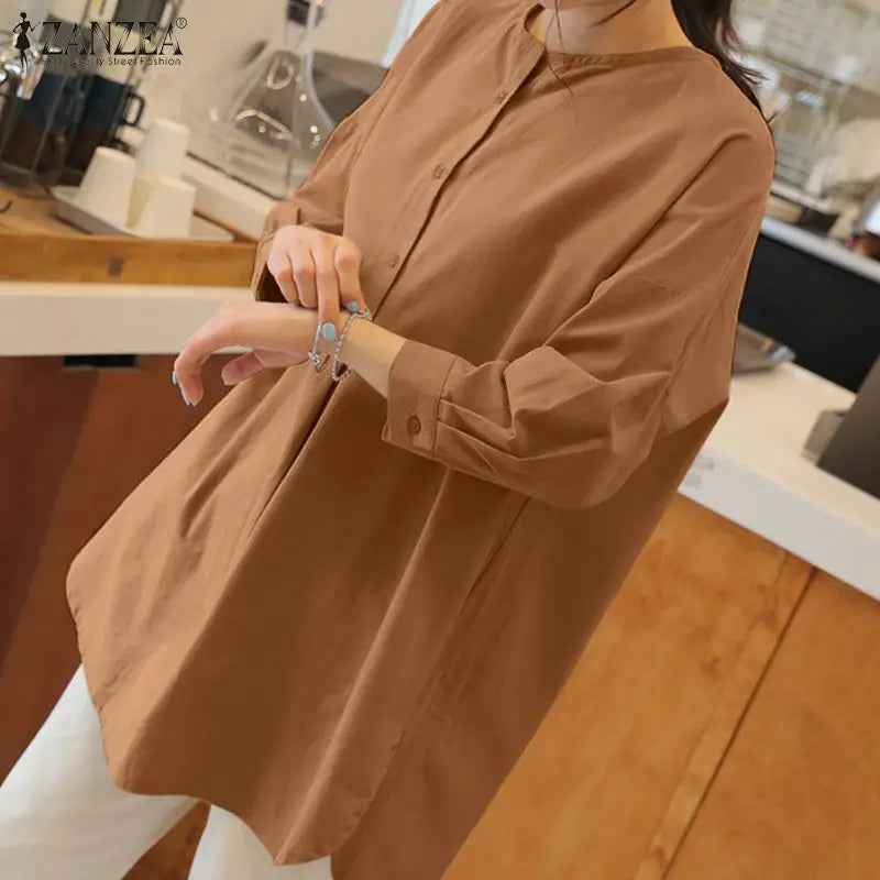 ZANZEA Mode Herbst Langarm Bluse Damen Weites Hemd Elegant Einfarbig OL Arbeitsplatten Lässig Locker Urlaub Arbeit Blusen Damen