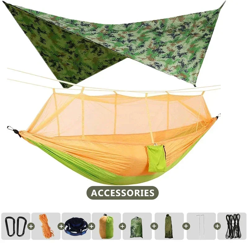 260x140cm Camping Hängematte Doppelgröße Fallschirm mit Moskitonetz Regenschutz Tarp Leicht für Wandern Reisen