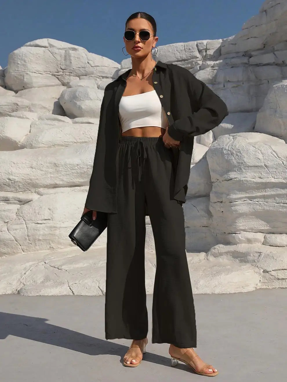 Große Größen Casual Locker Zweiteiler Weites Bein Hose Langarmshirt Hellbeige Street Style Elegant Qualität Polyester Somm...