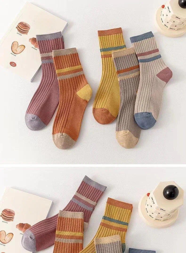 5 Paar gestreifte Socken für Damen, bequem, weich, mittellang, Winter, Harajuku, lustige Freizeitsocken, Damenstrümpfe, Strumpfwaren