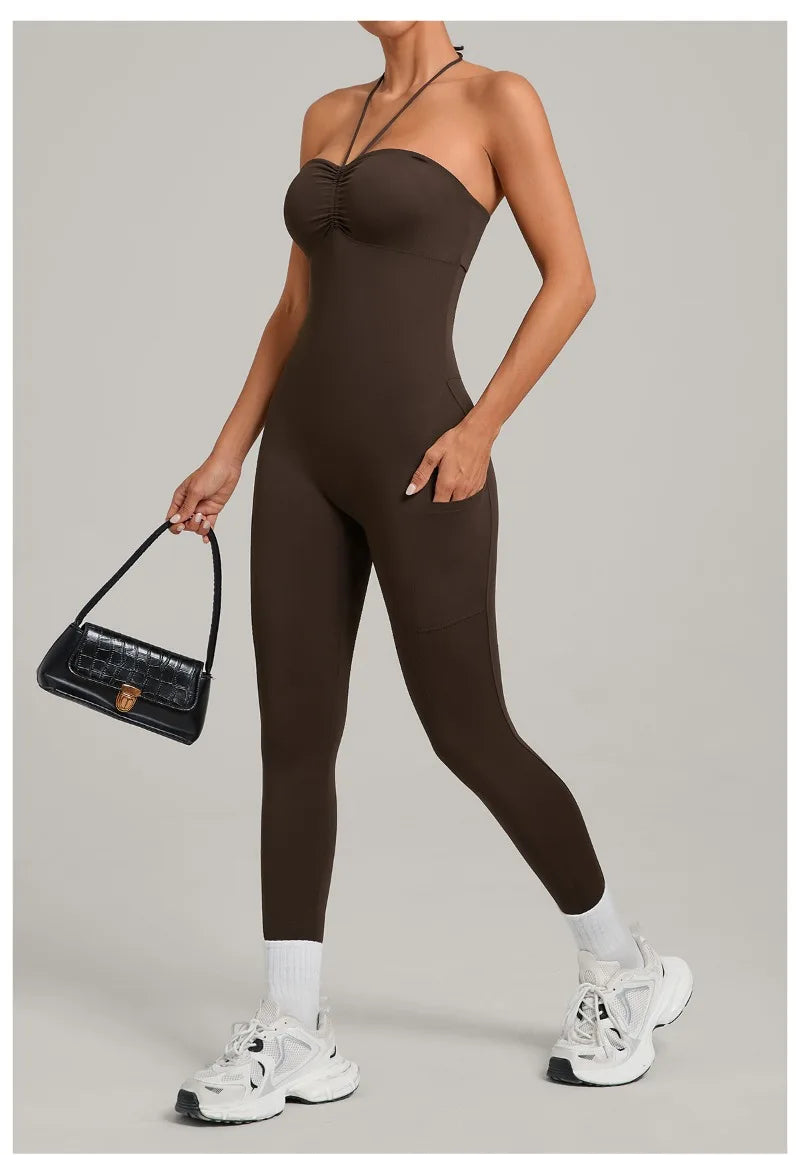 Damen Yoga Jumpsuits Sport Fitness Einteiler Schönheits-Rückengurt Tasche Hüfthebend Slim Fit Laufen Workout Training Bodysuit