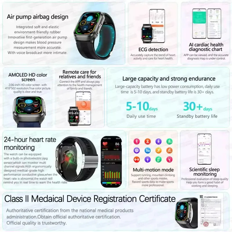2026New Health Watch Blood Pressure Accurate Measure Smart Watches Men Uric Acid Blood Lipids waterproof Airbag Smartwatch Women Secondary image