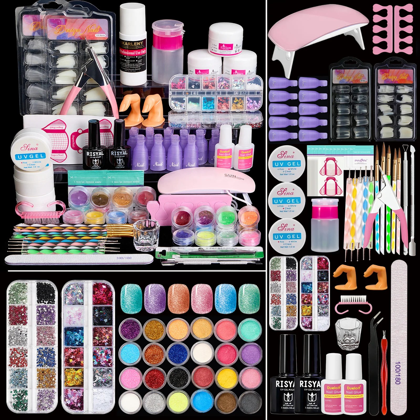 Acryl-Nagelset mit UV-Licht, professionelles Nagelset Acryl-Set für Anfänger mit allem 3PC Puder 24PC Glitzer Fake Tip