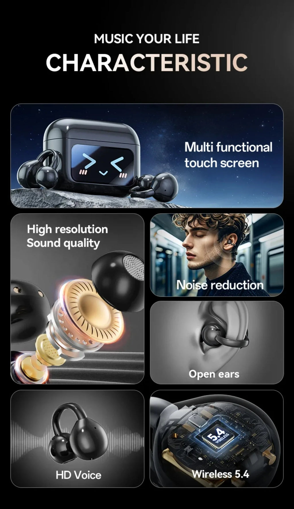 Touchscreen-Bluetooth-Kopfhörer 144 Sprachen Echtzeit-Übersetzung Kopfhörer Drahtlose Open-Ear-Clips Sport-Gaming-Kopfhörer