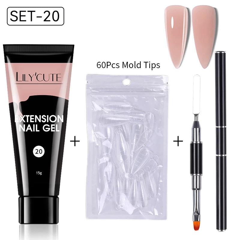 LILYCUTE 15ml Verlängerungsgel-Nagellack-Set Quick Nail Prolong mit Verlängerungsform-Nagelspitzen Acryl-Lösung Maniküre-Werkzeug-Kit