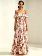 2026 Sommer schulterfreies Kleid mit Tulpenprint in großen Größen, schlankmachend, mit eckigem Ausschnitt und Maxilänge