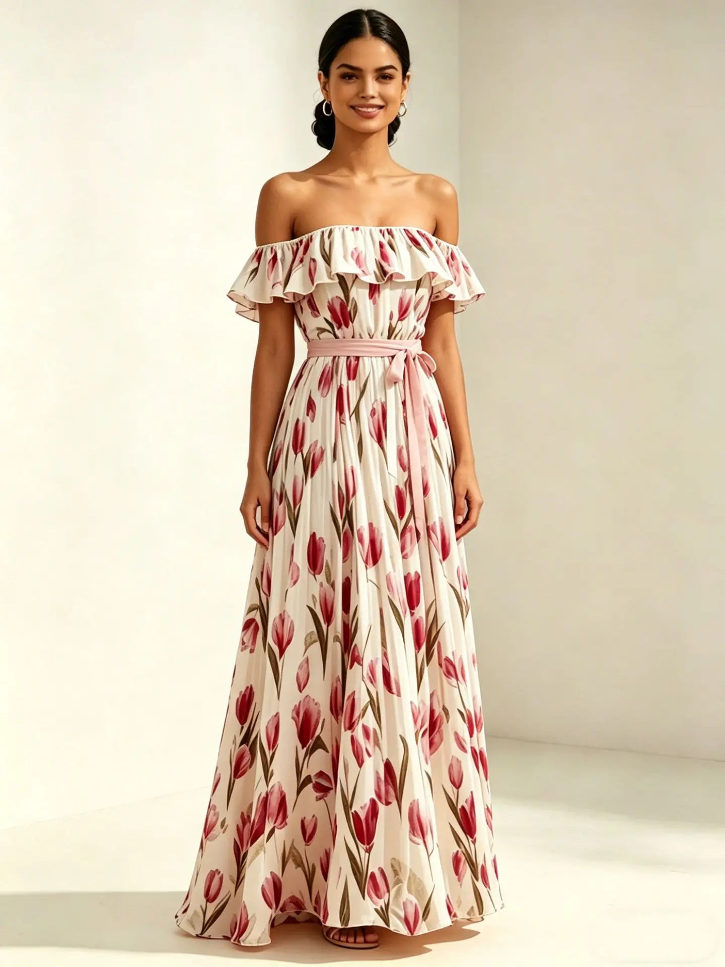 2026 Sommer schulterfreies Kleid mit Tulpenprint in großen Größen, schlankmachend, mit eckigem Ausschnitt und Maxilänge