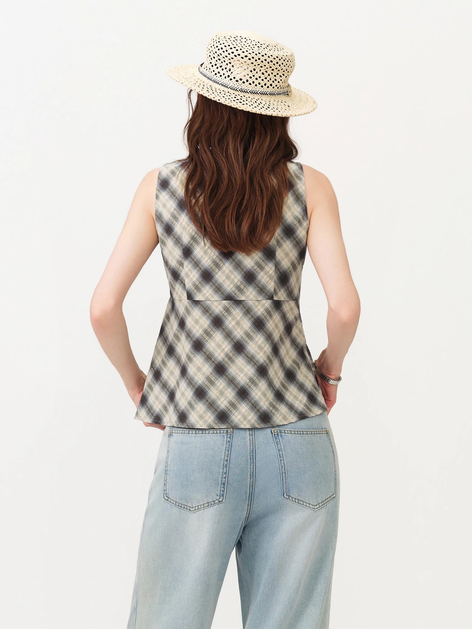FSLE Retro Kariertes Rundhals-Ärmelloses Hemd mit schmaler Taille für Damen, Neuer Sommer 2026 Stil mit Band Koreanischer Y2k-Stil Zweitbild