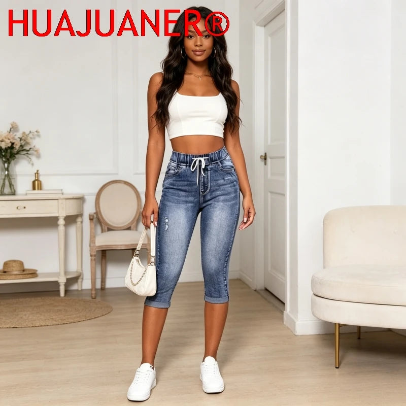 Jeans Damen Wadenlange Hose Denim Passform Hohe Taille Kordelzug Taschen Vintage Bleistifthose 2026 Streetwear Denims