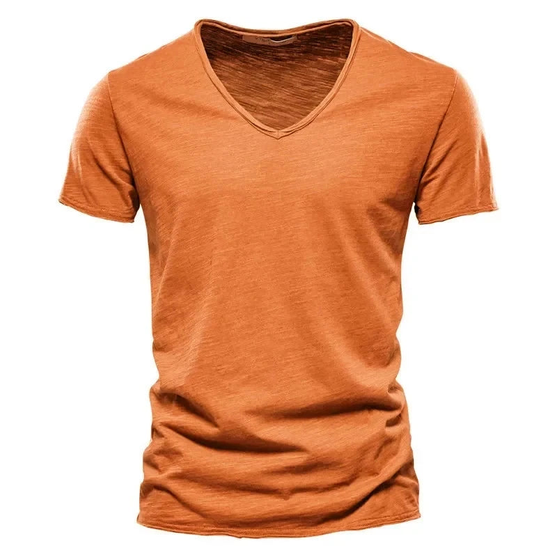 Frühling Sommer Baumwoll-T-Shirts Herren 2025 Schlichtes V-Ausschnitt Stretch Uni Neue Oberteile Kleidung Freizeit-T-Shirt Mann Streetwear Coole T-Shirts