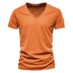 Frühling Sommer Baumwoll-T-Shirts Herren 2025 Schlichtes V-Ausschnitt Stretch Uni Neue Oberteile Kleidung Freizeit-T-Shirt Mann Streetwear Coole T-Shirts