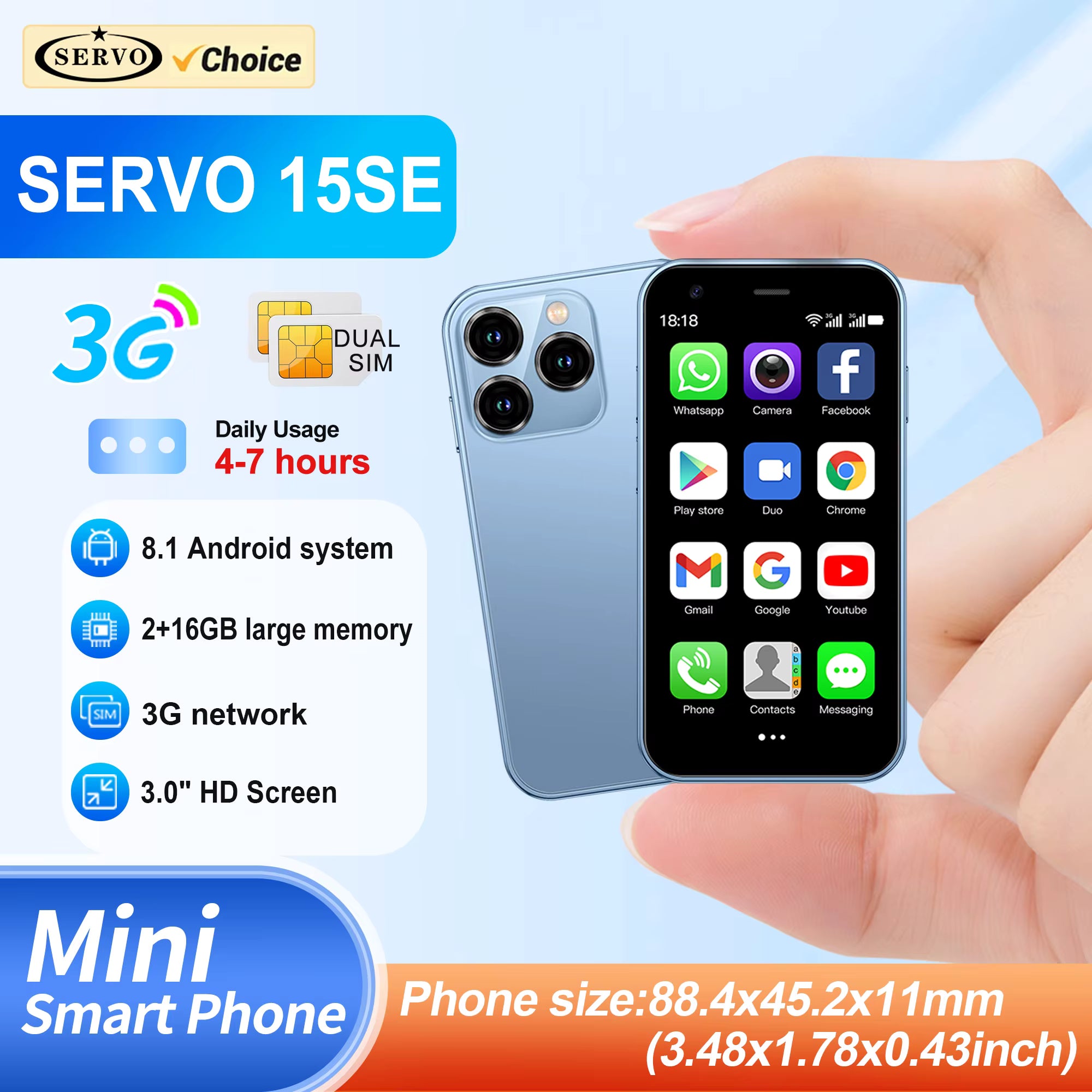 SERVO 15SE Mini Smartphone 3G WCDMA Android System WiFi Hotspot Play Store 3.0" Display Kleine Palm-Smartphones Dual SIM Standby Hauptbild