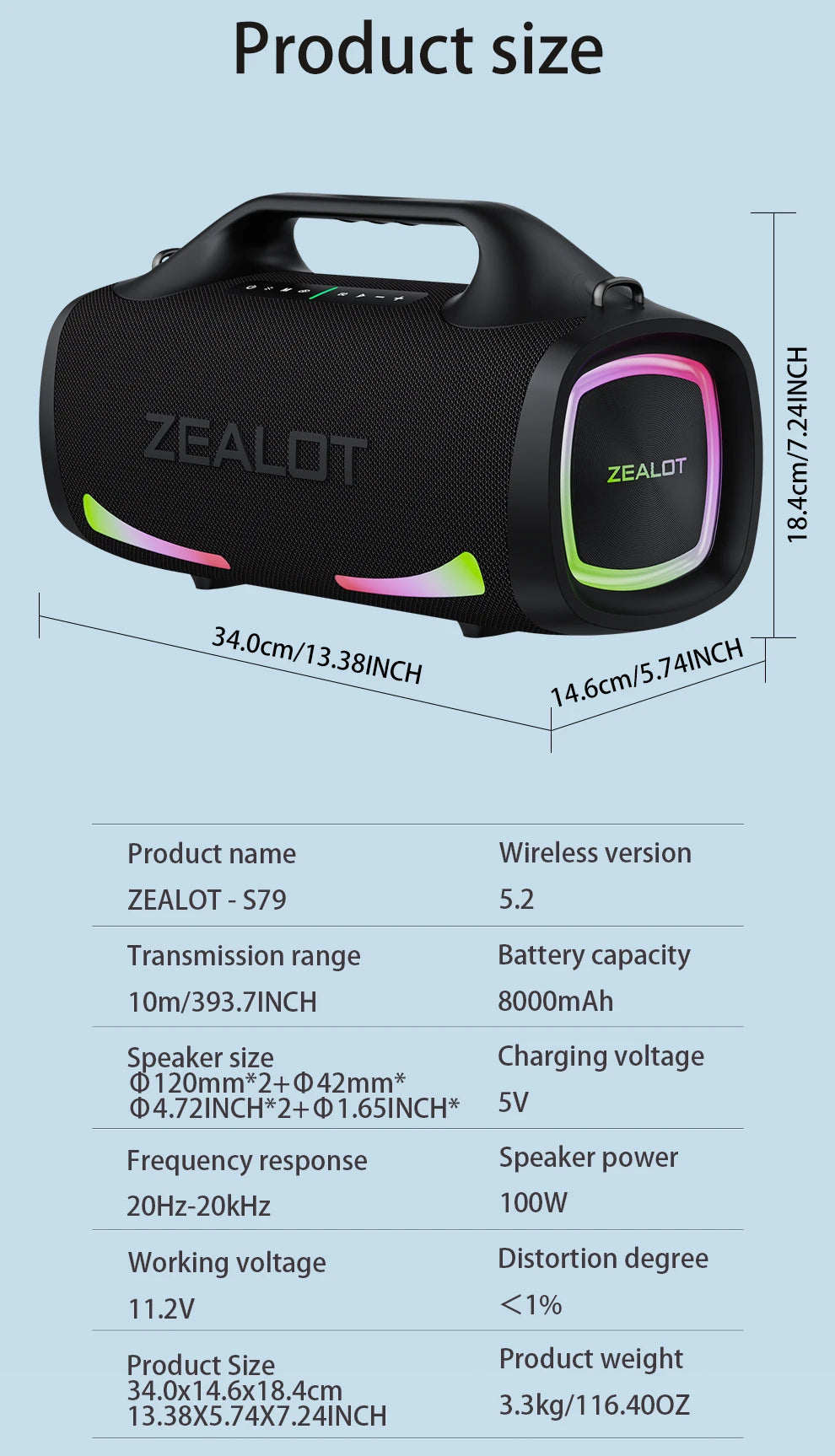 ZEALOT S79 Bluetooth-Lautsprecher 100W Tragbarer Subwoofer HiFi Dual Pairing Schnellladung 24000mAh Akku