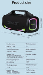 ZEALOT S79 Bluetooth-Lautsprecher 100W Tragbarer Subwoofer HiFi Dual Pairing Schnellladung 24000mAh Akku