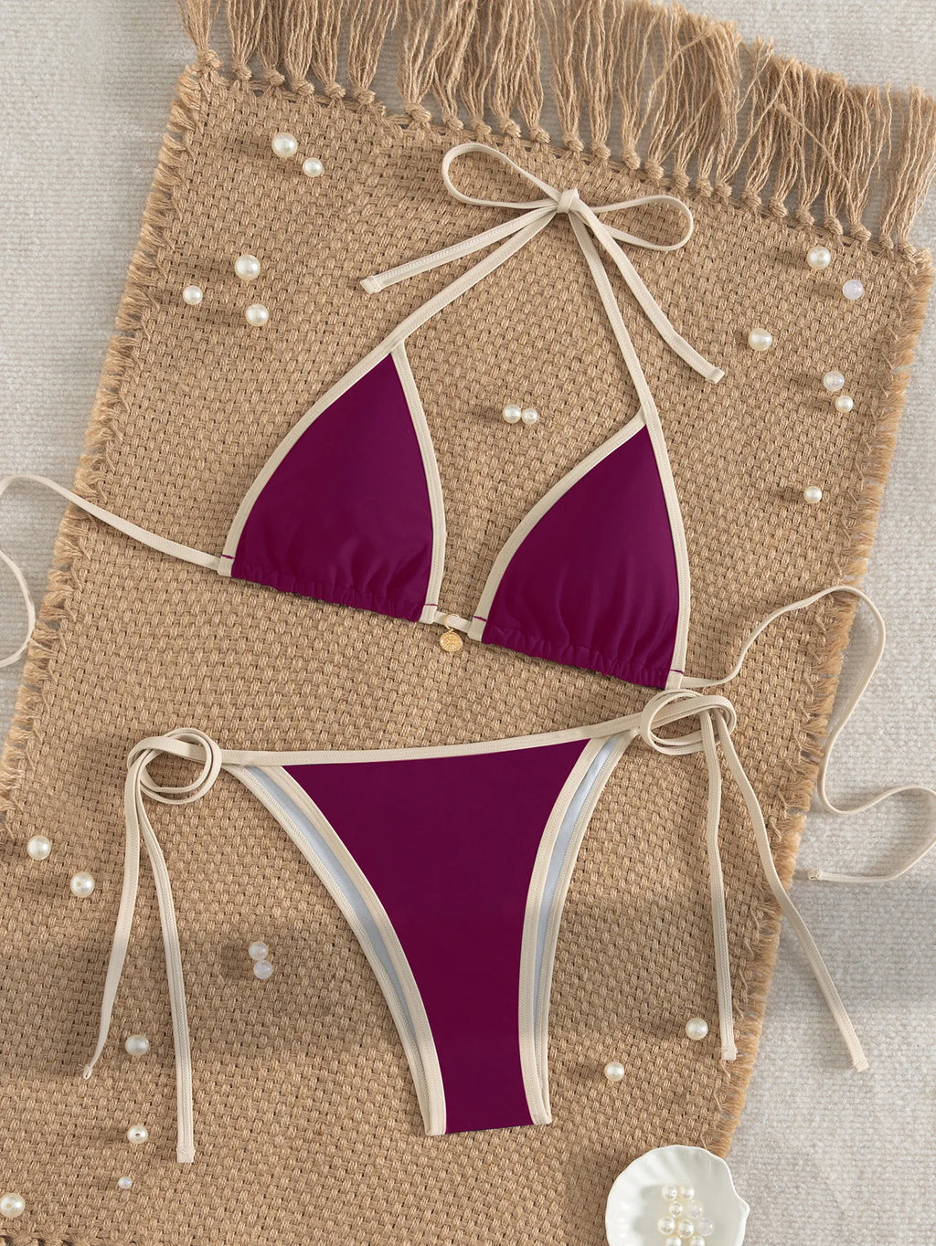 2026 Neu eingetroffen: Sexy Bikini-Set, zweiteiliger Damen-Badeanzug mit Color-Blocking-Rand, seitlicher Bindung und überkreuzten Rückendetails für Strand und Pool