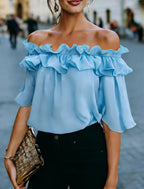 Mode Rüschen Sexy One Shoulder Damen Kurzarmshirt Sommer Neu Lässige Weite Oberteile Weibliche Elegante Vielseitige Bürobluse