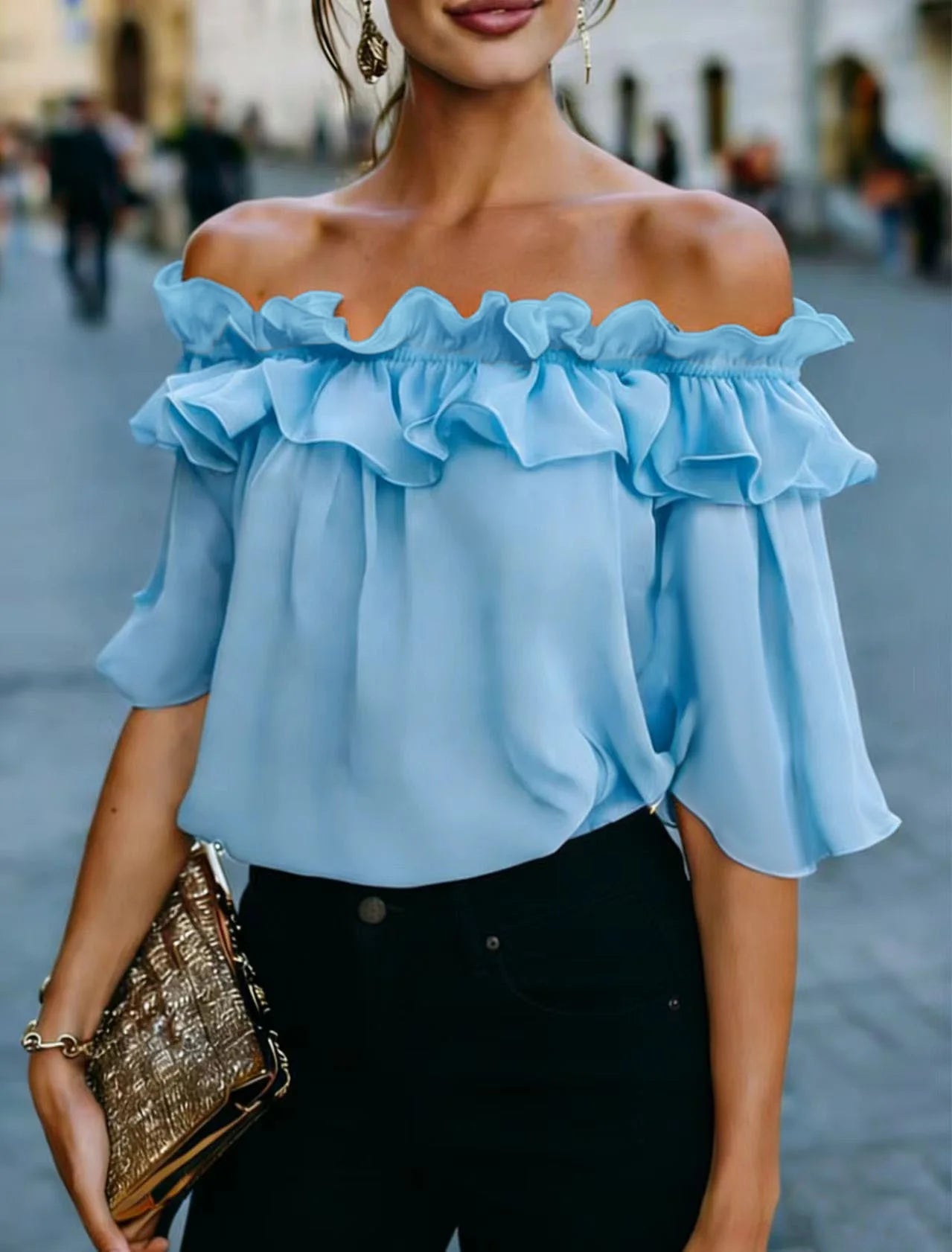 Mode Rüschen Sexy One Shoulder Damen Kurzarmshirt Sommer Neu Lässige Weite Oberteile Weibliche Elegante Vielseitige Bürobluse