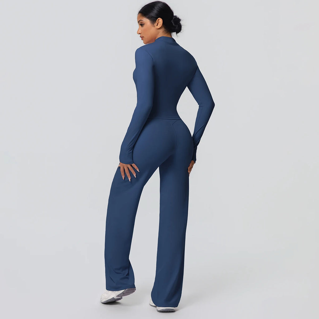 2-teiliges schnelltrocknendes Sport-Fitness-Bekleidung Yoga-Set Damen Yoga Reißverschluss Langarm High Waisted atmungsaktive weite Hose Set