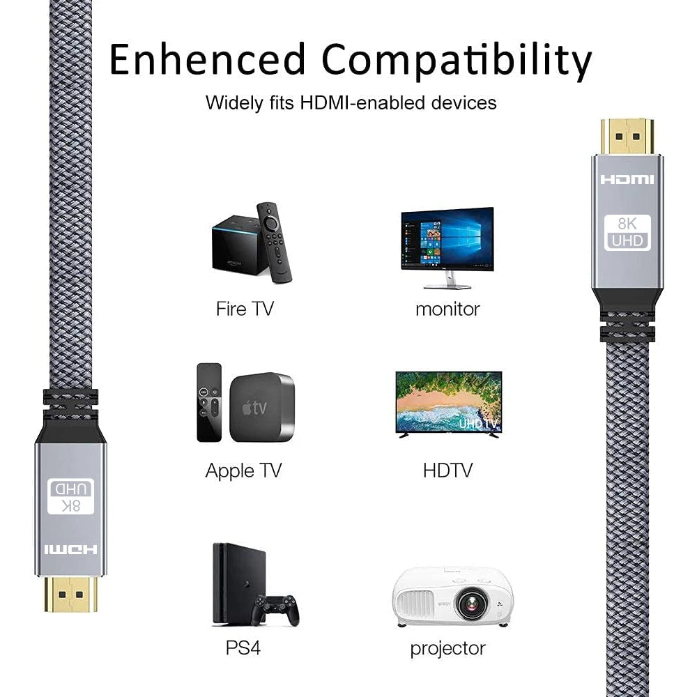8K HDMI-Flachkabel 48 Gbit/s High Speed 8K60 4K120 144Hz Geflochtenes HDMI 2.1 Kabel 3D eARC HDCP 2.2&2.3 Kompatibel mit Roku TV/PS5
